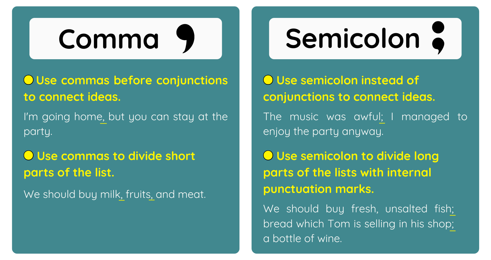A table about where it is better to use commas and where semicolons
